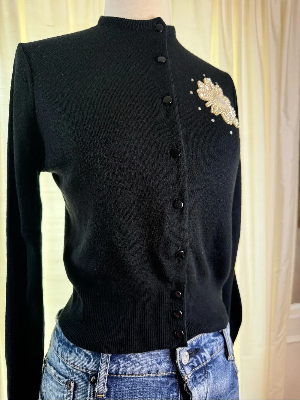 Vintage 1960s Black Women's Cardigan with Pearl and Sequin Floral Appliqué-S